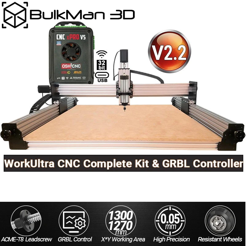 BulkMan3D WorkUltra V2.2 CNC 4-Axis Kit Tension System GRBL Controller 0.05mm Precision for Wood Metal Aluminum PCB Acylic Cut