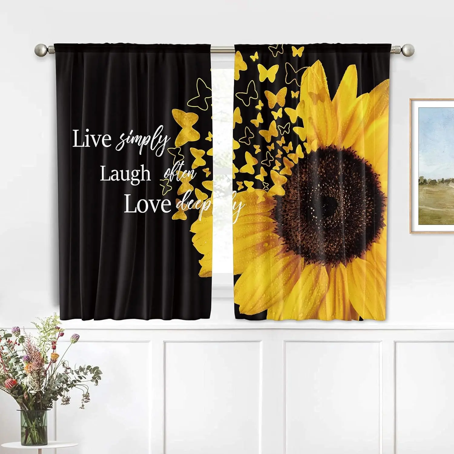Sunflower Kitchen Curtains Motivational Floral Quote for Women Butterfly Flower  Art Printed Small Bedroom Window Drapes Fabric 3