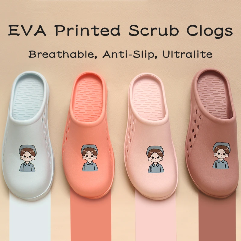 Cartoon Nurses Printed Scrubs Shoes Women Men Medical Footwear Breathable Durable Garden Shoes Anti-Slip Bathroom Clogs X06-23