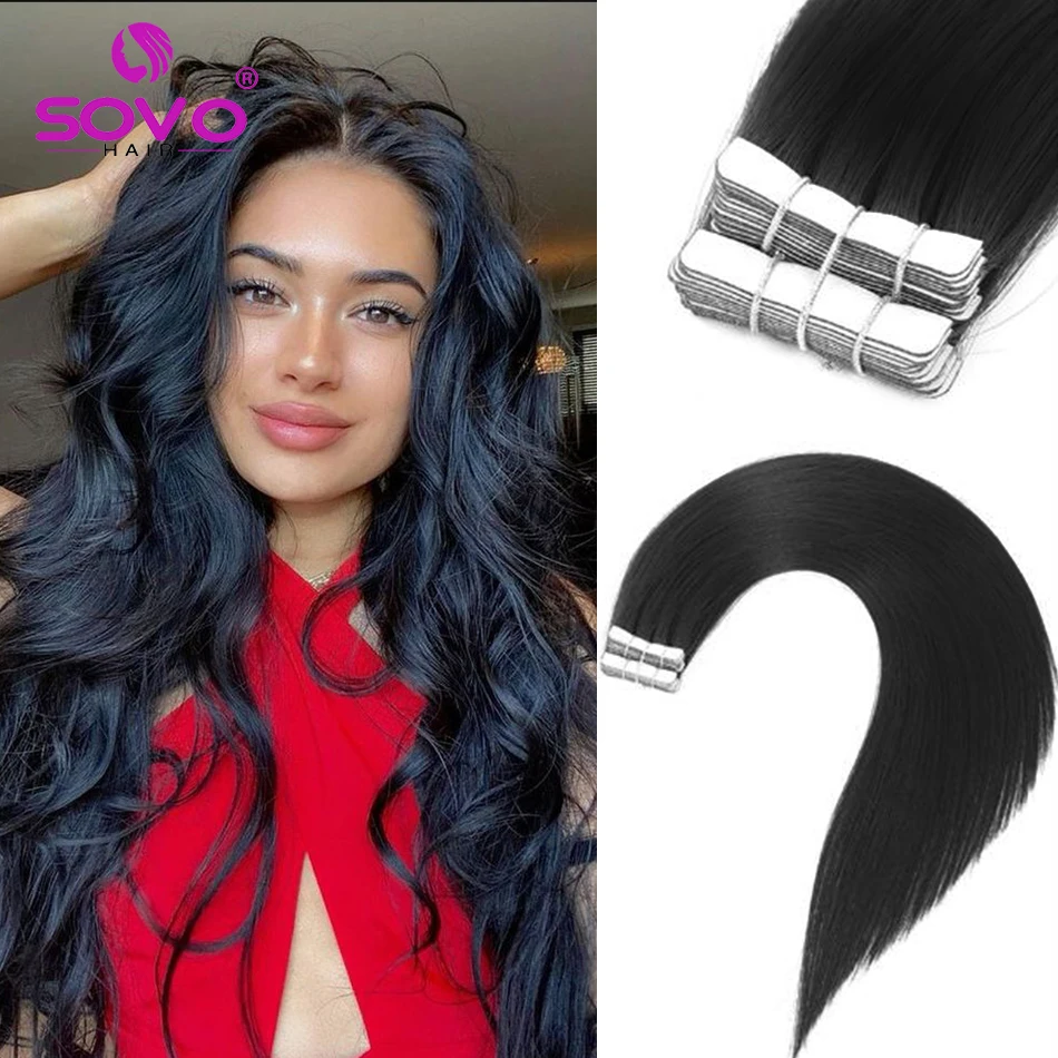 SOVO Tape In Hair Extensions Human Hair Natural Color Tape Ins Brazilian Straight Seamless Skin Weft for Thin 20pcs