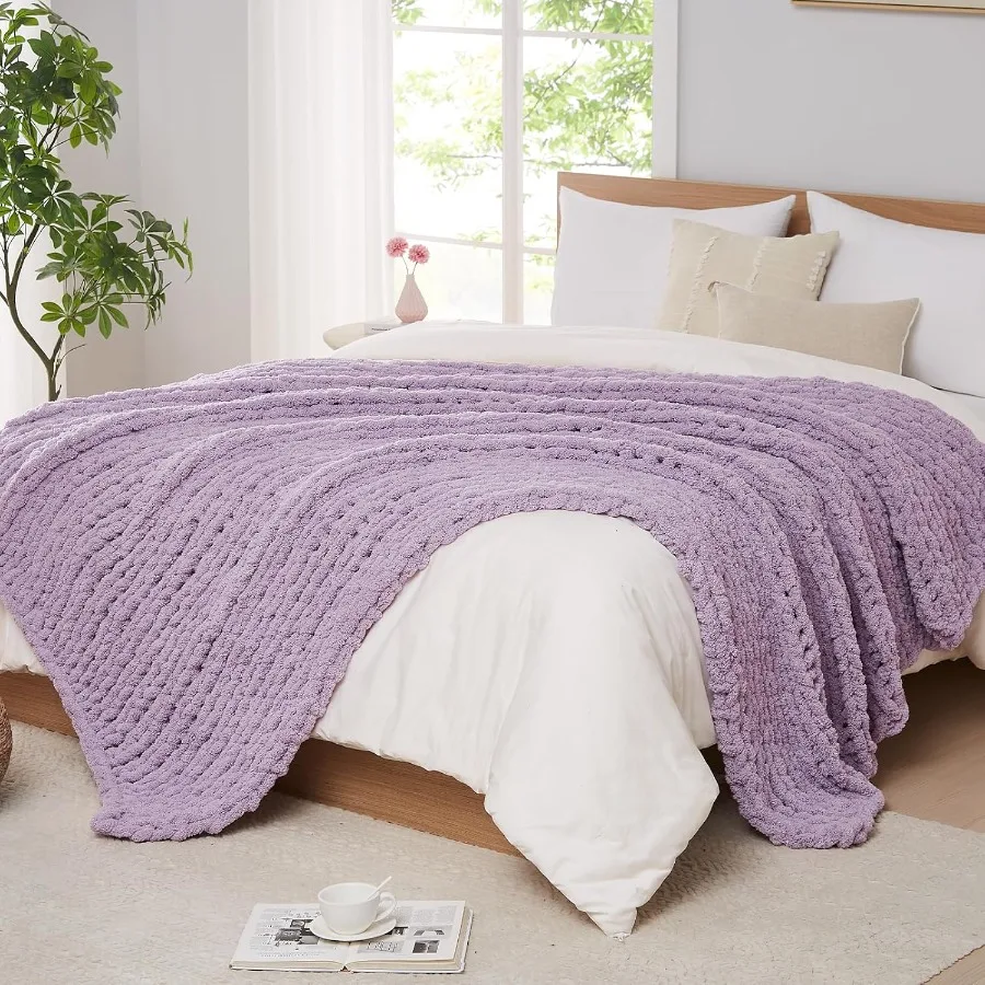 L Agusty Chunky Knit Blanket Throw: 72''x84'' Chenille Thick Knitted Throw Blanket for Bed Couch Handmade Large Purple Chunky R