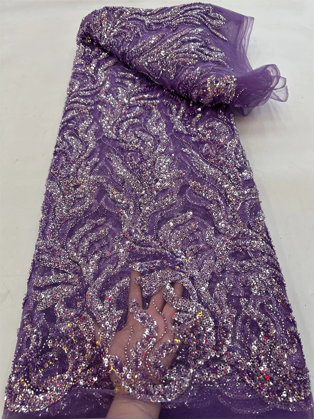 

New Chantilly Lace Fabric Luxury Sequins Purple Fabric Dubai 2023 Luxury Beaded Fabrics For Women's Evening Dresses Wp19-2