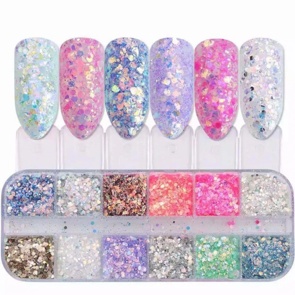12Grids/Box Gradient Mermaid Glitter Flakes for Nails Hexagon Sequins Mix Powder 3D Manicure Nail Art Paillettes Decoration Tips