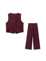 Women's Front Button Fitted Waistcoat and High Waist Pleated Wide Leg Pants, Female Two Piece Sets, Fashion - Image 2