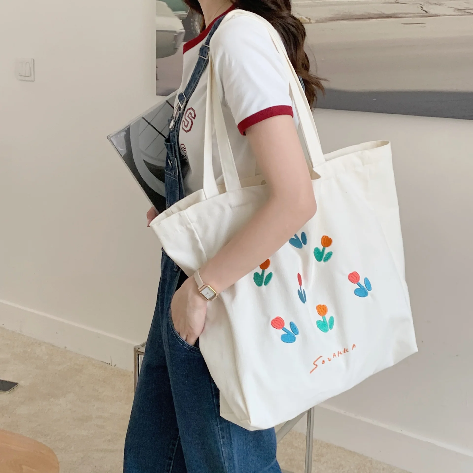 Colorblock Tulip Shoulder Canvas Bag Simple Small Fresh Student Class Tote Bag Tote Bag