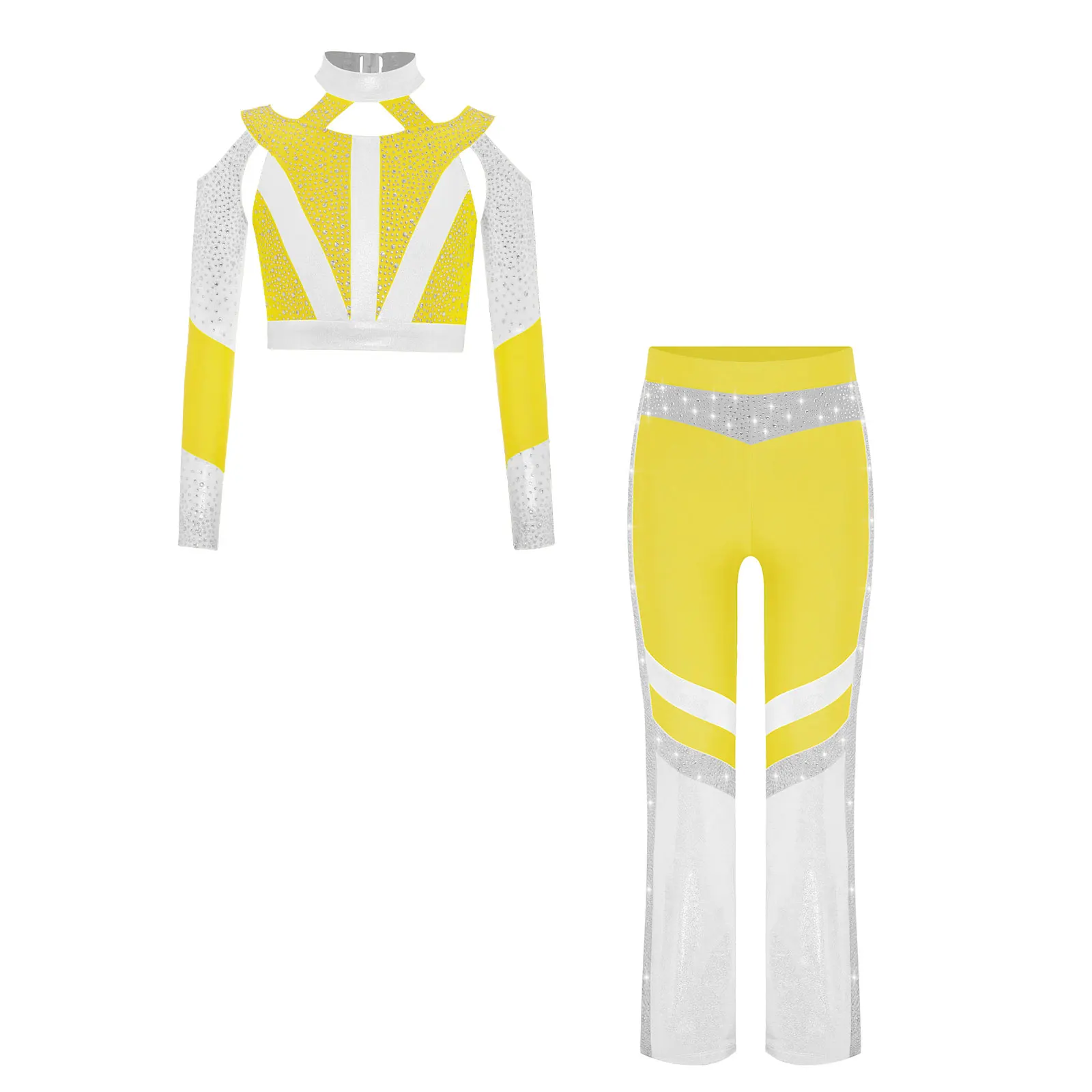 Kinder Mädchen Rhythmische Gymnastik Akrobatik Eiskunstlauf Ballett Jazz Tanzkostüm Glänzendes Strass-Crop-Top mit Schlaghose – Detail 5