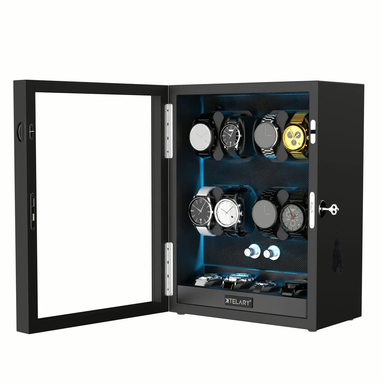 

Watch Winder For 8 Automatic Watches with 4 Extra Cabinet Storage Blue LED Light Display Box Japanese Motor- Black