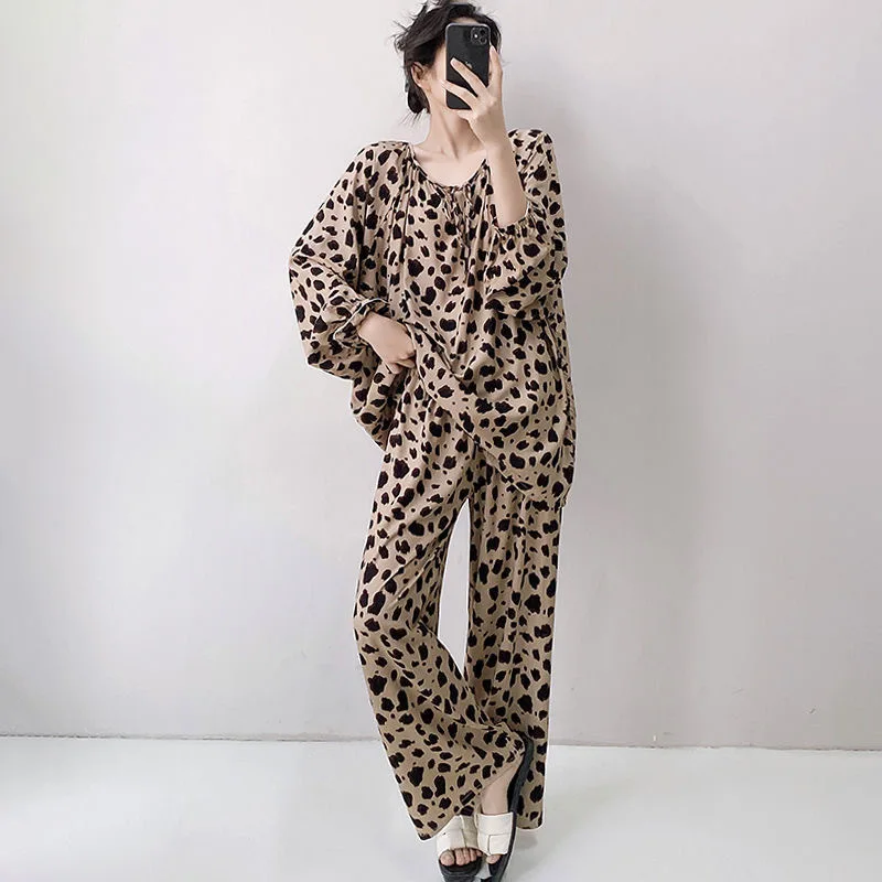 Popular pajama women's cartoon panda leopard print imitation cotton spring and autumn style new plus size home suit set