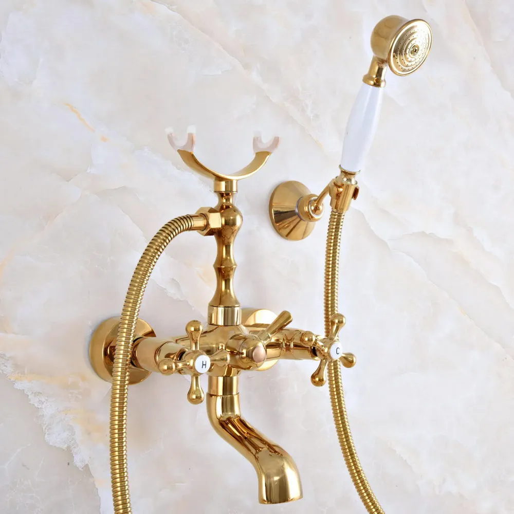 

Современный золотистый латунный настенный смеситель для ванной комнаты, набор с шлангом 150 см, ручной душ с распылителем, смеситель Dna915