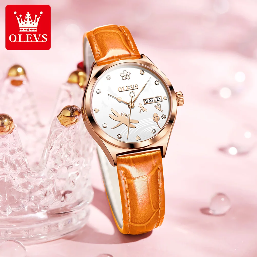 OLEVS Brand 2024 New Fashion Women Automatic Mechanical Watch Luxury Leather Strap Elegant Ladies Watch Waterproof Clock Reloj