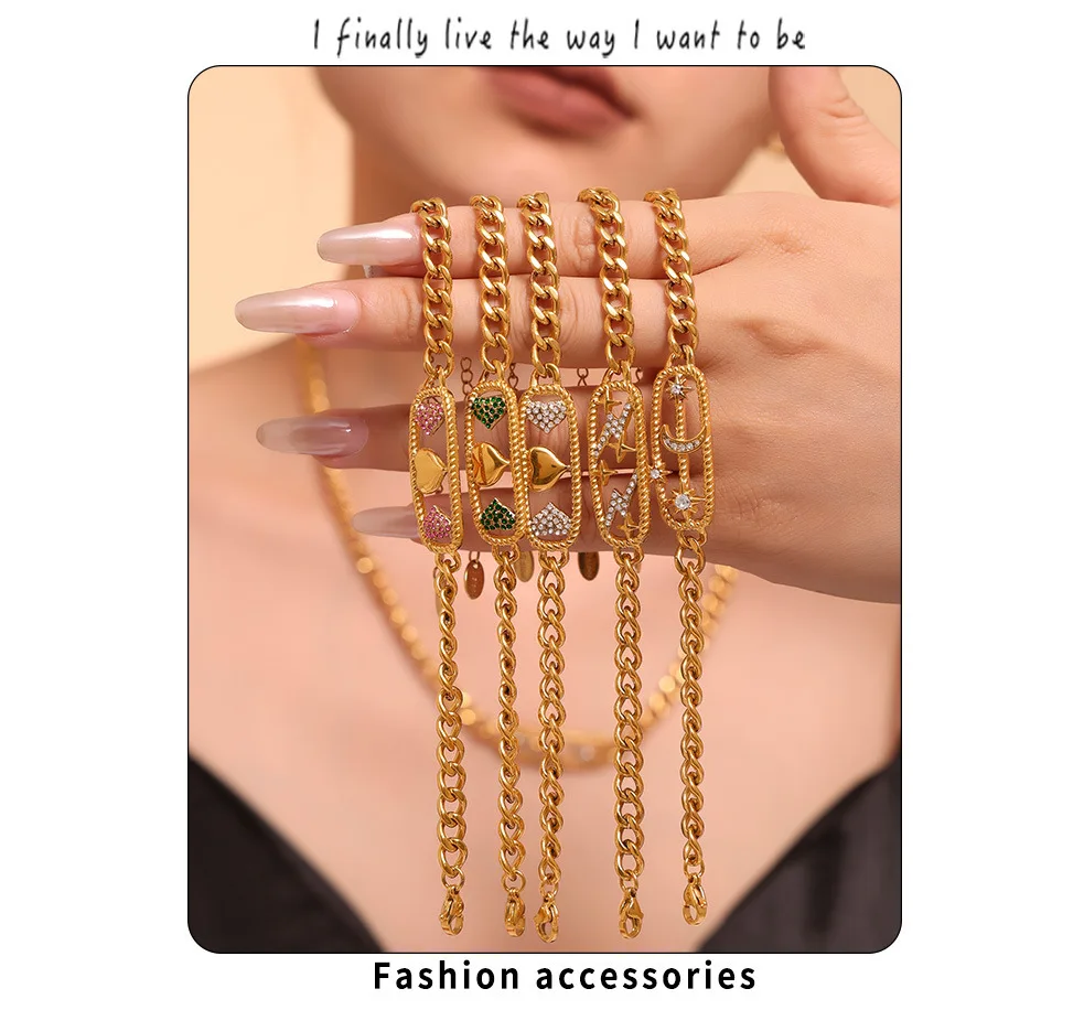 Herz Mond bunte Halskette Armband Set für Frauen Edelstahl vergoldet Glas eingelegt Charm Hip Hop Kette Schmuck Geschenk – Detail 1