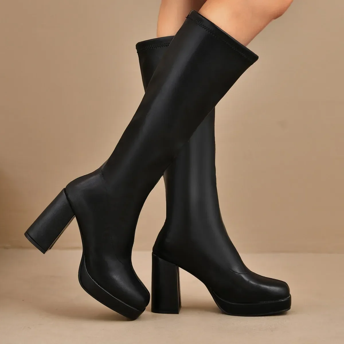 Winter New High Heel Women Knee High Boots Square Heels Casual Long Boot Shoes Ladies Designer Square Toes Fashion Knight Boots