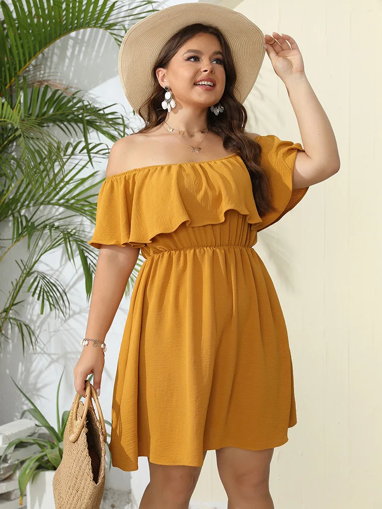 Plus Size Women Elegant Party Evening Mini Dresses 2023 New Summer A-Line Off Shoulder Short Sleeve Ruffle Solid Casual Clothing