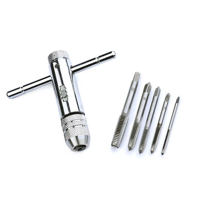 Adjustable Silver T Handle Ratchet Tap Holder Wrench with 5pcs M3 M8