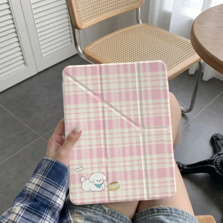 Pink Grid Cute Dog Tablet Case, Multi-Foldable Design