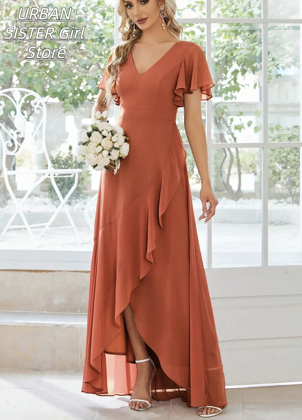 Caramel Orange Deep V-Neck Ruffle Sleeve High-Waisted Asymmetrical Ruffle Slit Chiffon Long Bridesmaid Dress Vintage Wedding Guest Evening Gown