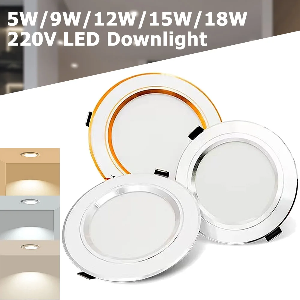 

5​/9/12/15/18W Recessed LED Downlight 220V Ceiling Light Cool/Warm White Round Panel Lamp Golden/Silver/White Shell Spotligh