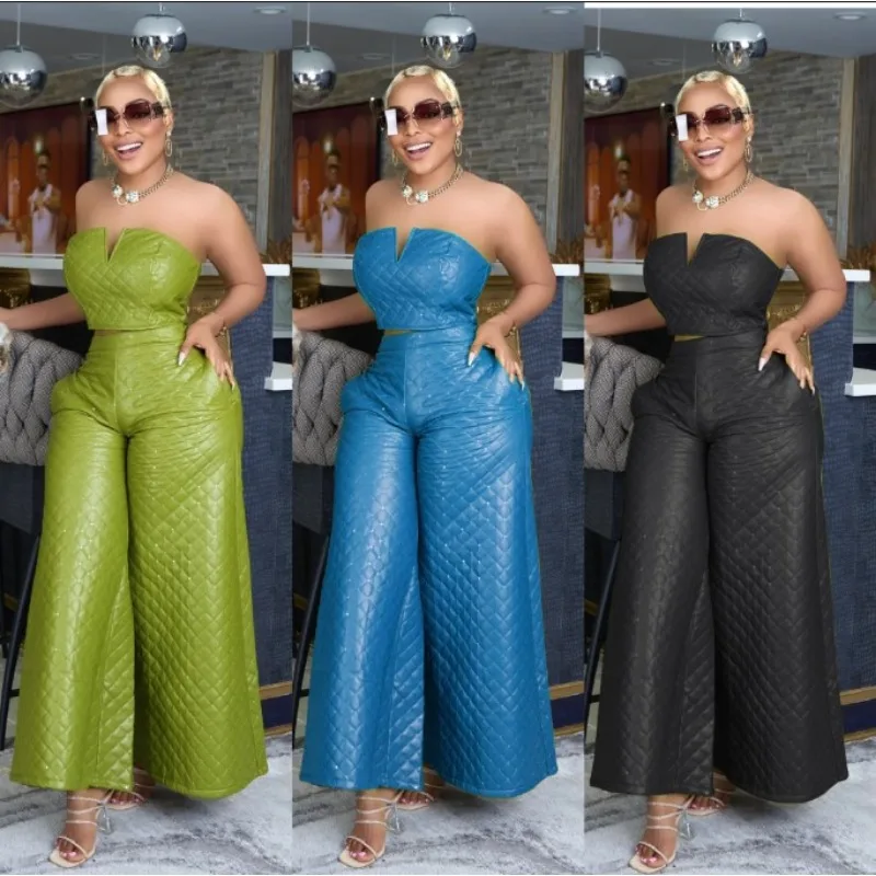 Elegant Women 2 Piece Set Off Shoulder Crop Tube Top High Waist Wide Leg Pants Matching Set Casual 2023 New Popular Outfits