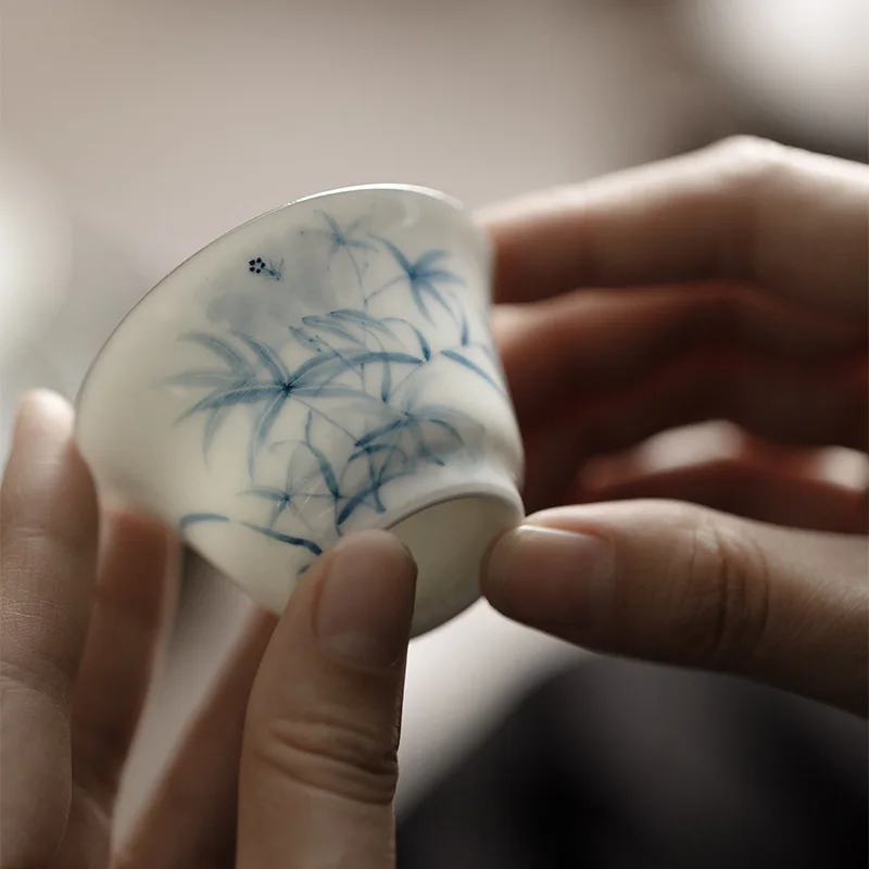 Hand-painted Blue and White Cover Bowl Kung Fu Tea Set Manual Thin Bag Silver Rimmed Tea Cup Sample Cup