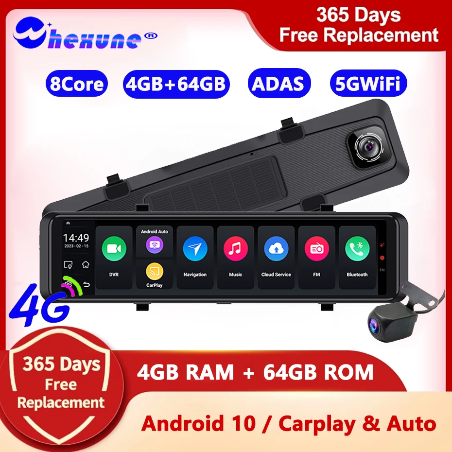 자동차 백미러 스트림 미디어, GPS 네비게이션 대시 캠, 듀얼 1080P 카메라, Dvr ADAS 비디오 녹음기, 12 인치, 4G, 안드로이드 10, 4 + 64GB
