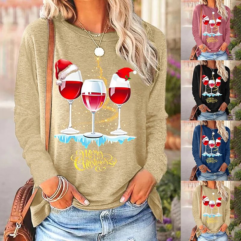 

Fashion Casual Tops Sexy Long Sleeve Wine Simple Printed T-Shirt Autumn Winter Women Christmas Pullover Elegant Tops Tee Shirt