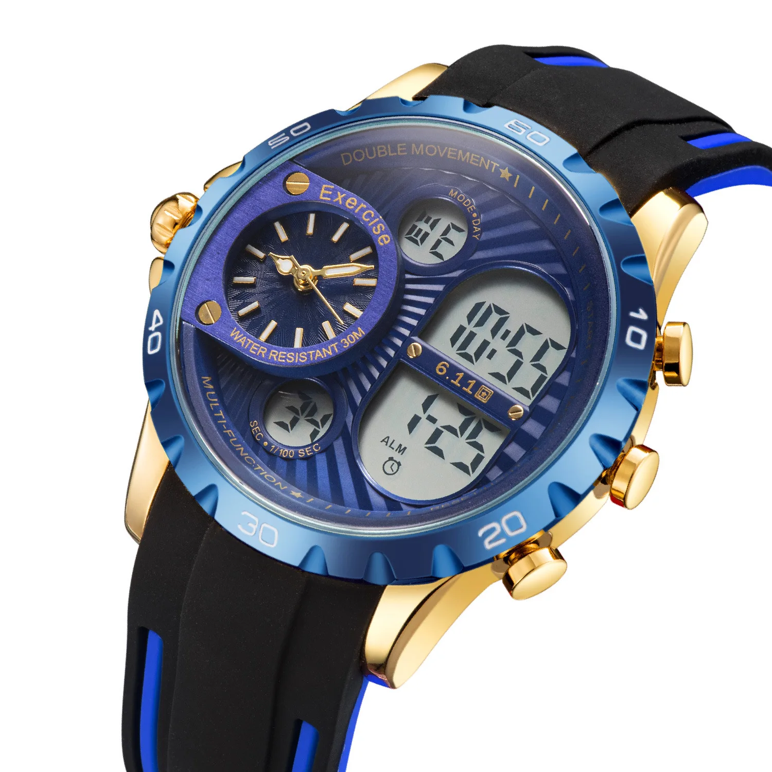 

Double Inserts Multi-Function Watch Men's Silicone Strap Luminous Waterproof Personality Trend Sport Watch Foreign Trade Watch