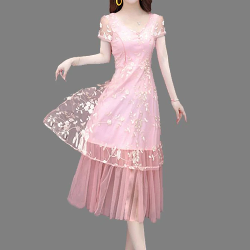 

Mesh Embroidery V Neck Short Sleeve Slim Midi Dres Women Summer Elegant Fashion Sweet Chic Solid Party Dresses Vestidos Clothing