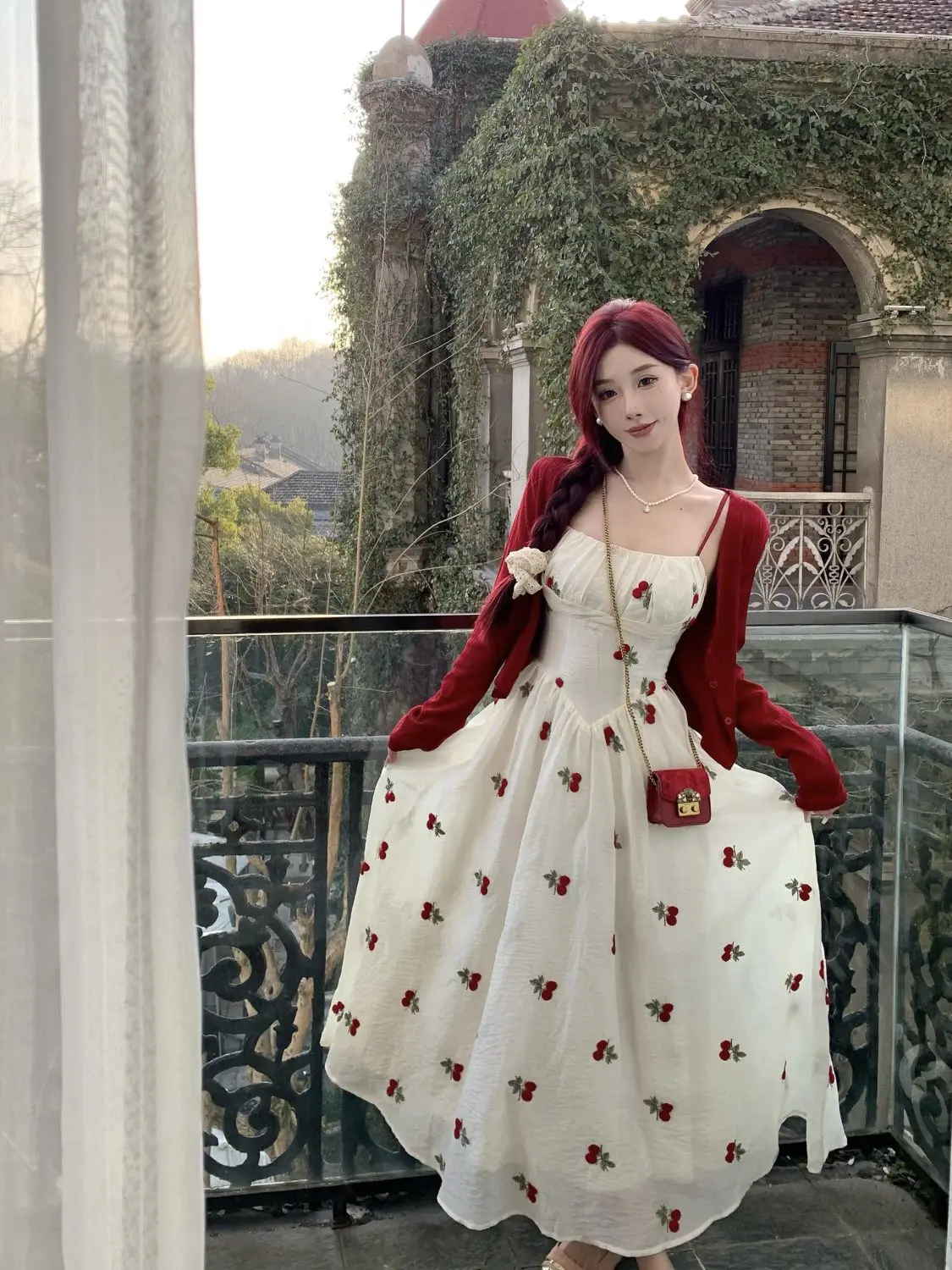 홀리데이 스타일 체리 크러시드 플라워 홀터 원피스, 레드, 얇은 자외선 차단 가디건, 웨이스트 A라인 롱 원피스 세트, 여름 홀리데이 스타일