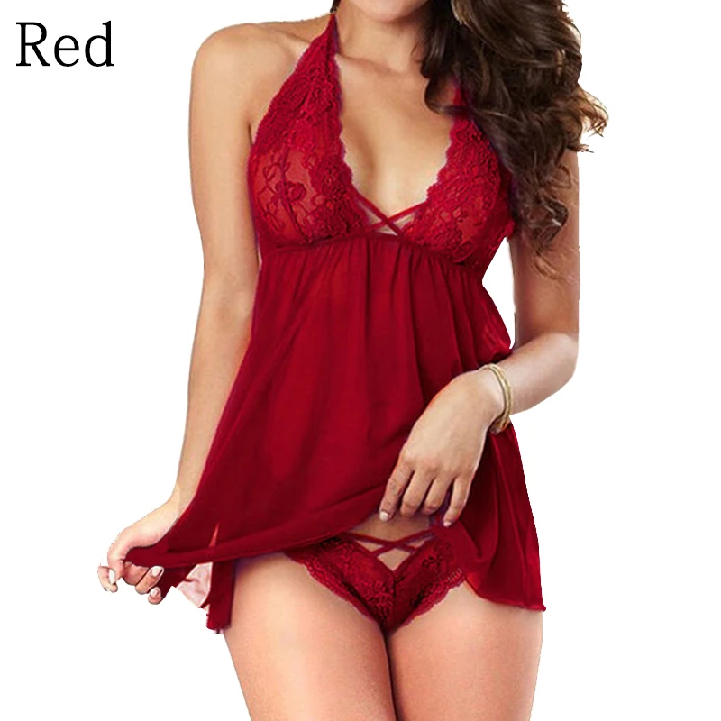 Summer Nightdress Open Back Sleeping Dress for Women Sexy Lingerie Halter Chemise Lace Babydoll Mesh Nightwear V Neck Teddy