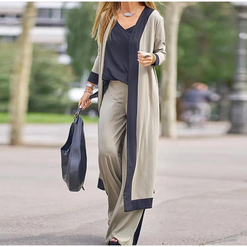 

Autumn Female Three Piece Set Women's Vintage V Neck Vest Tops + Patchwork Cardigan Robe + Long Pants Elegant Office Lady Suit