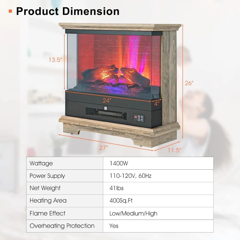 27 Inch Freestanding Fireplace,1400W Electric Fireplace Heater w/3-Level Vivid Flame & Thermostat Control,0.5-6H Timing Function 5