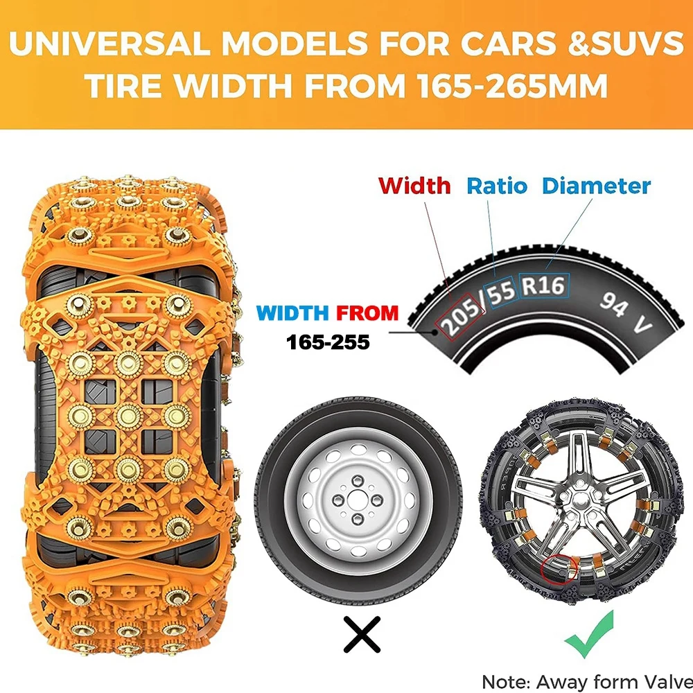 Universal Tire Chain Fit Car Tyre Width in 165-255 mm, 8PCS Sand Mud Snow Chains Car Wheel Tyres, Chains Upgrade Spikes