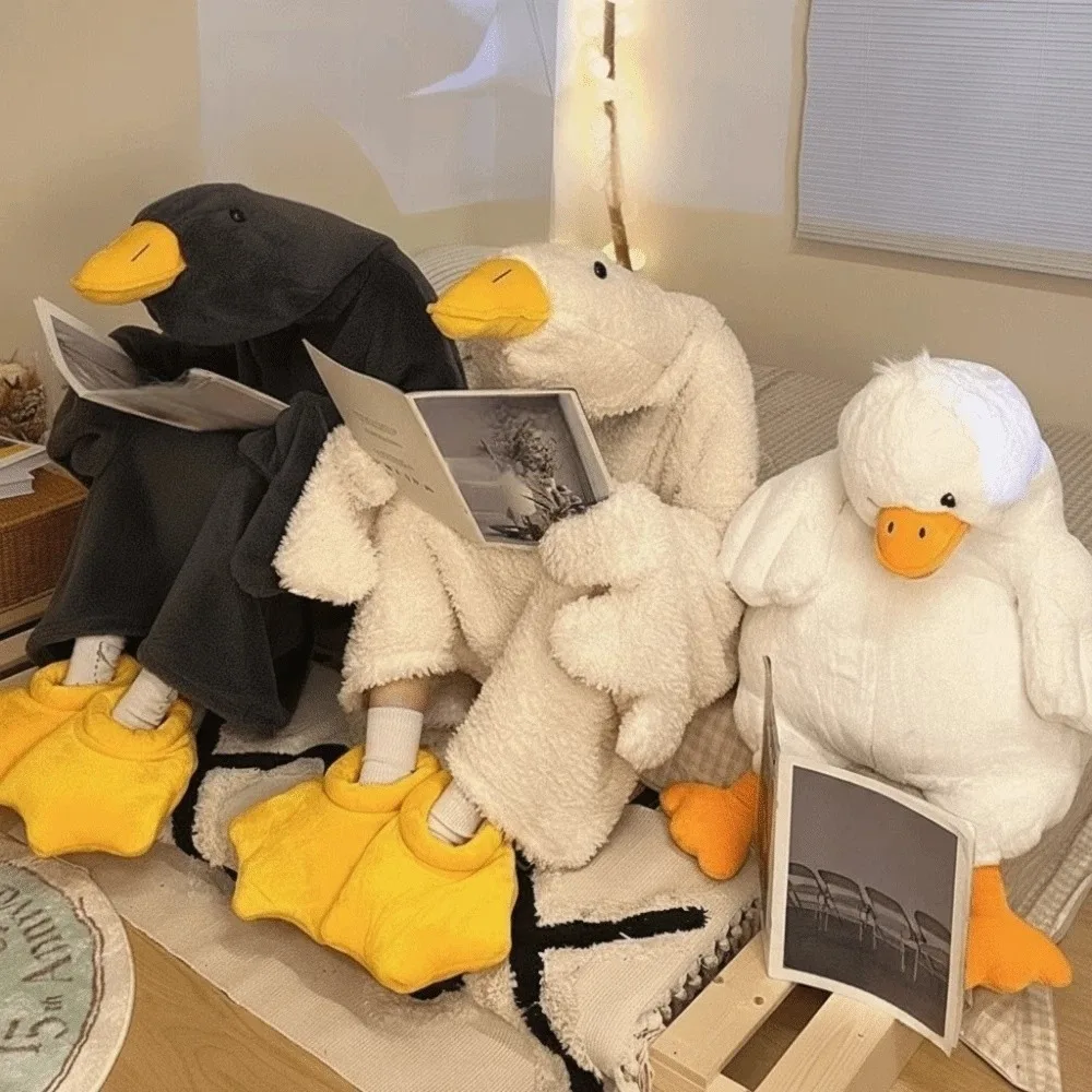 Soft Coral Fleece Big White Goose Onesie Pajamas Thicken Windproof Winter Warm Hooded Pajamas Texture Cartoon Pajamas Home Wear