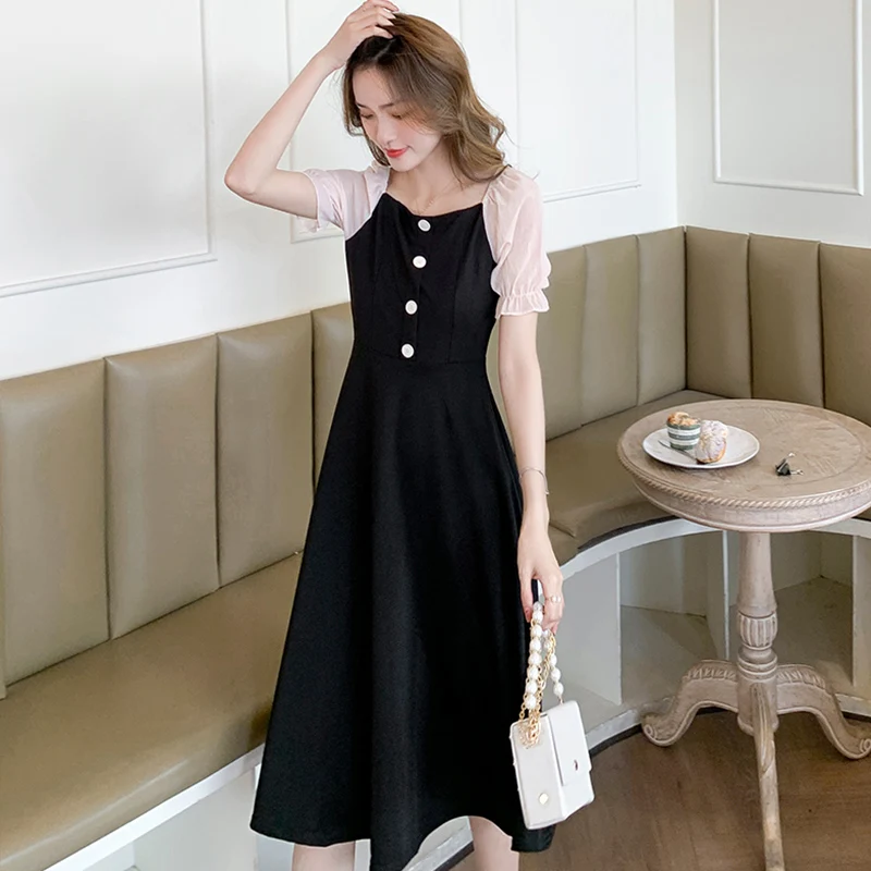 

2024 Black Patchwork Short Sleeve Squaer Collar Midi Dress Summer Elegant Bodycon Dresses Women Korean Vintage Party maxi Dress