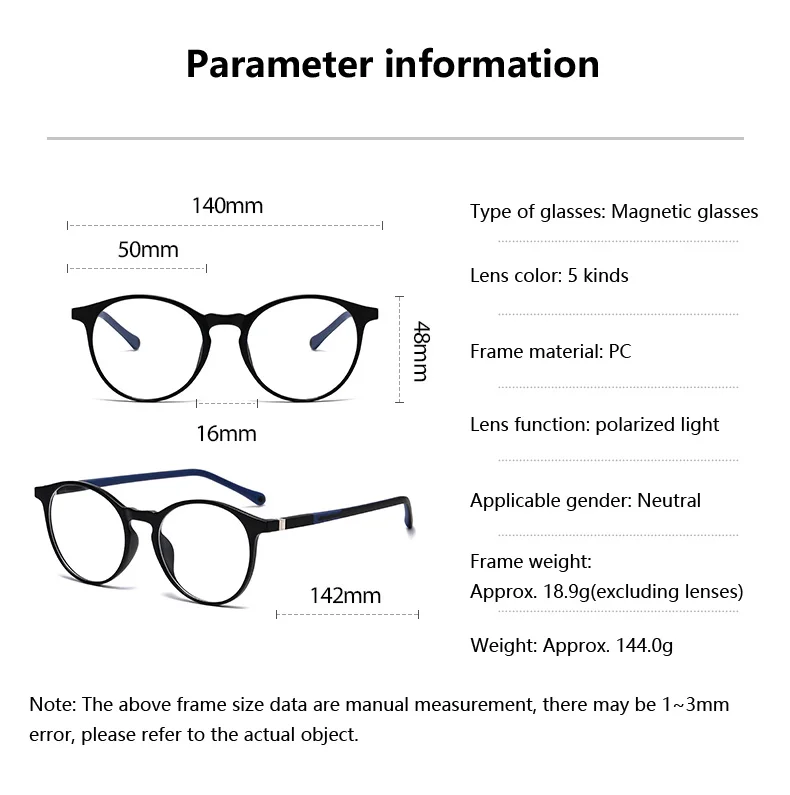 6-in-1-Brille, transparenter runder Rahmen mit 5 Stück Clip-on-polarisierten Sonnenbrillen, magnetische Brillen, männlicher Computer, optisch 3305 – Detail 9