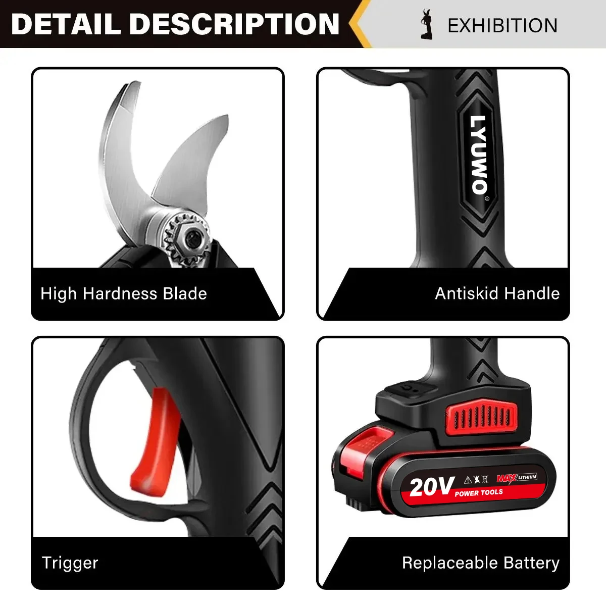 LYUWO 198VF 30mm Cordless Electric Pruner Pruning Shears Efficient Fruit Tree Bonsai Pruning Branches Cutter Landscaping Tool 4