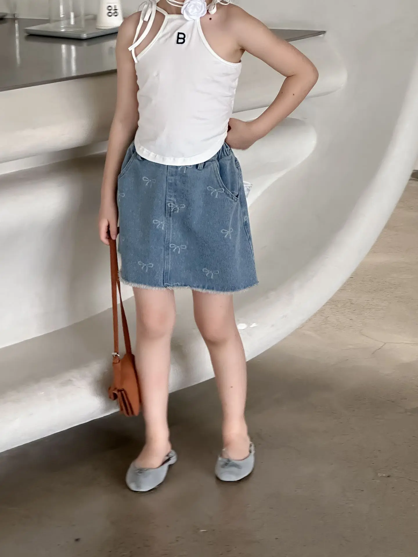 활 매듭 짧은  레이스 카우보이 스위트 신축성 허리 2024 레이스, 한국 아동복, 여름