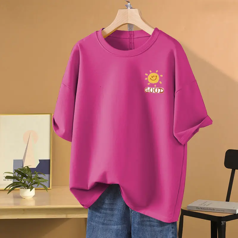 

Women's Cartoon Sun Printed Pullover Summer Simple Loose Pure Cotton Crew Neck Short Sleeve T-shirt Lady Basics Top Tee M-6xl
