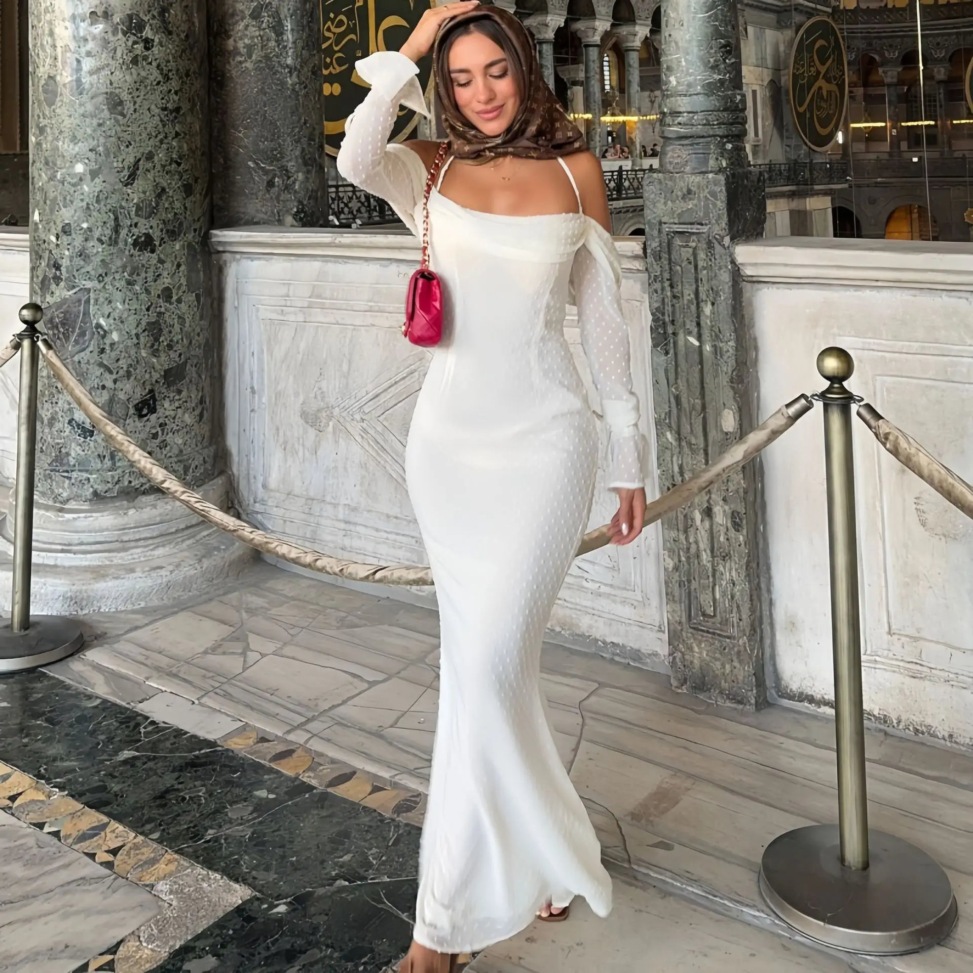 Vestido largo de malla de moda sin espalda para mujer, con cordones, cintura alta, hombros descubiertos, ajustado, elegante vestido de fiesta de otoño para mujer