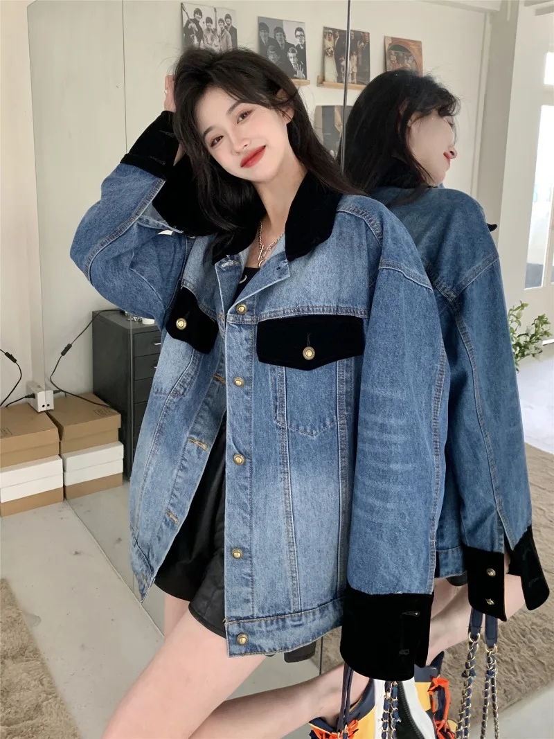 Denim Jacket Women Autumn and Winter Contrasting Lapel Patchwork Jacket Long Sleeved Top