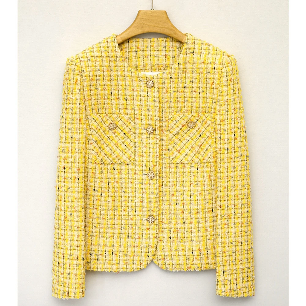

2023 Spring Autumn France Style Women's High Quality Elegant Pockets Yellow Plaid Tweed Jackets Short Coat F093
