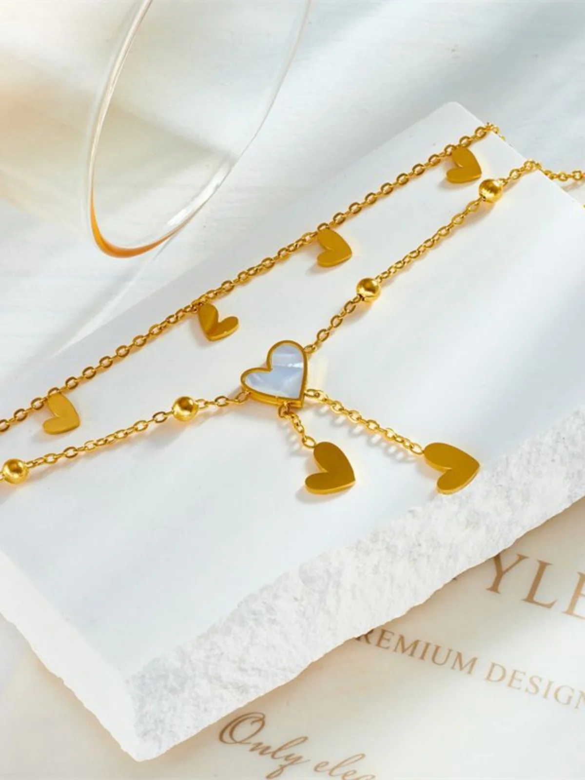ANENJERY 316L Stainless Steel Double Layer Heart Tassel Ankle Bracelet  for Women Fashion Simple Beach Anklet Jewelry Accessory