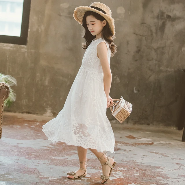 2023 summer lace mesh princess white dress beautiful sleeveless party  dresses kids children toddler teen 5 6 8 9 10 11 12 years