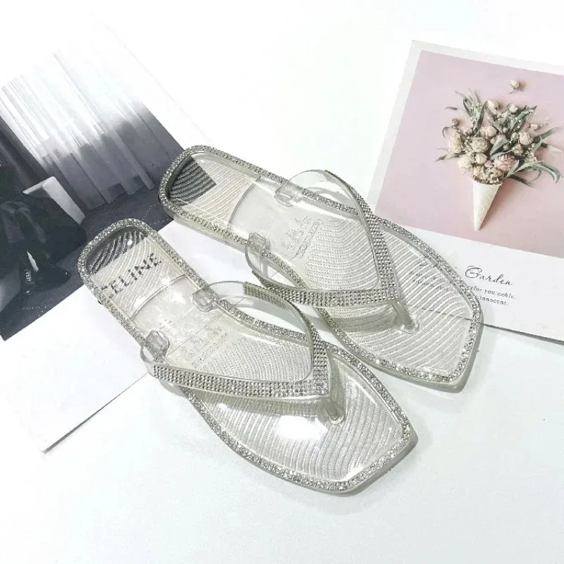 New Summer Square Toe Rhinestone Flip-flops Women's Slippers Fashion Flat Transparent Jelly Shoes Outdoor Casual Beach Slides