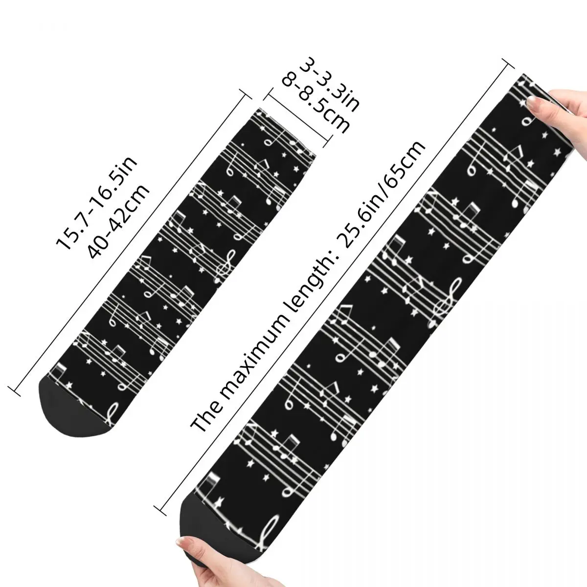 Funny Crazy Sock for Men White On Black Hip Hop Harajuku Music Notes Happy Pattern Printed Boys Crew Sock Novelty Gift