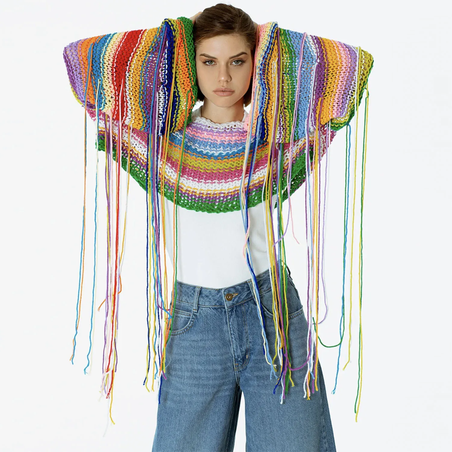 Sexy Rainbow Tassels Knit Pullover Women Loose Striped Sweater Female Autumn Winter Jumpers Long Sleeves Top autumn winter new women s pullover sweater female loose lazy wind women clothing high collar sweater pull pullover women clothes