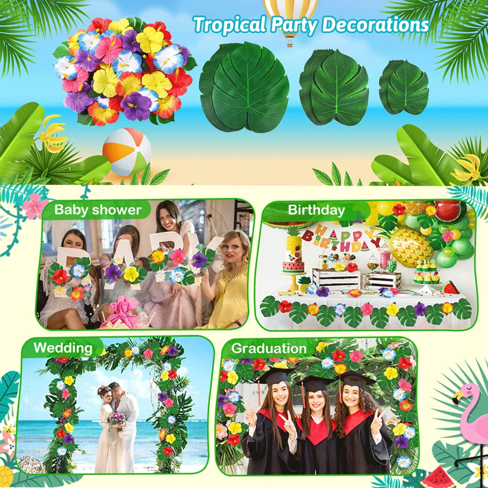 Hawaiianische Luau Party Aloha Banner Hibiskusblüten Palmblätter Meereswellen-Tischdecke für tropische Party Strand Geburtstagsdekorationen – Detail 10