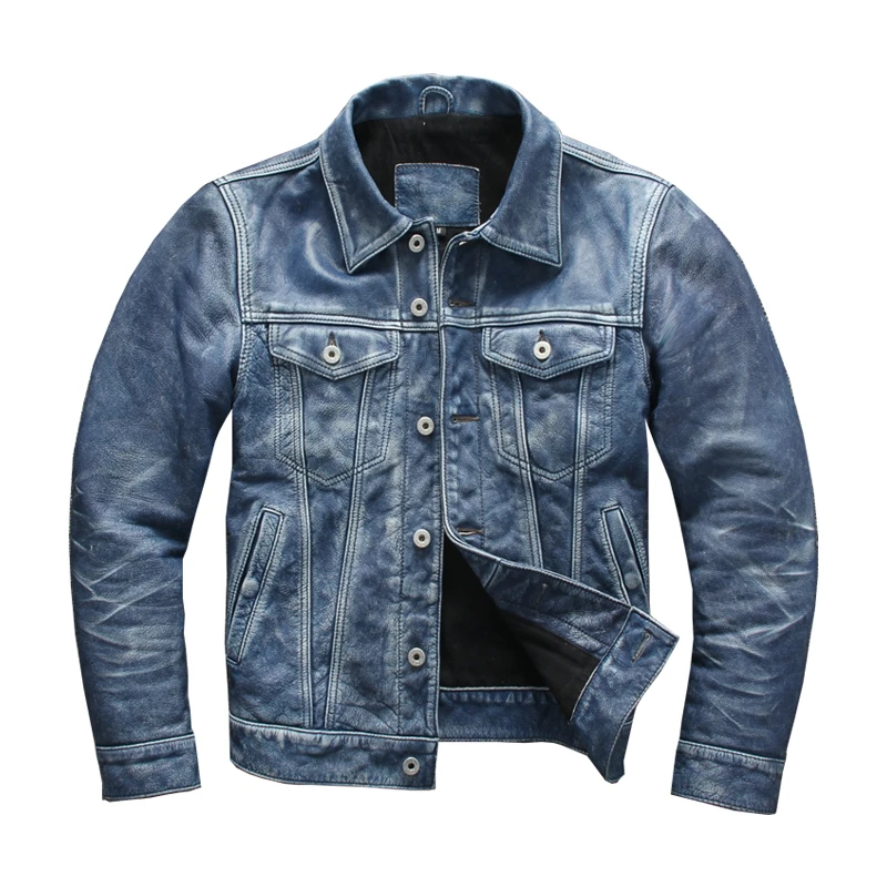 

Vintage Blue Men's Spring Jacket Casual Style Plus Size 4XL Natural Cowhide Autumn Slim Fit Short Genuine Leather Coats