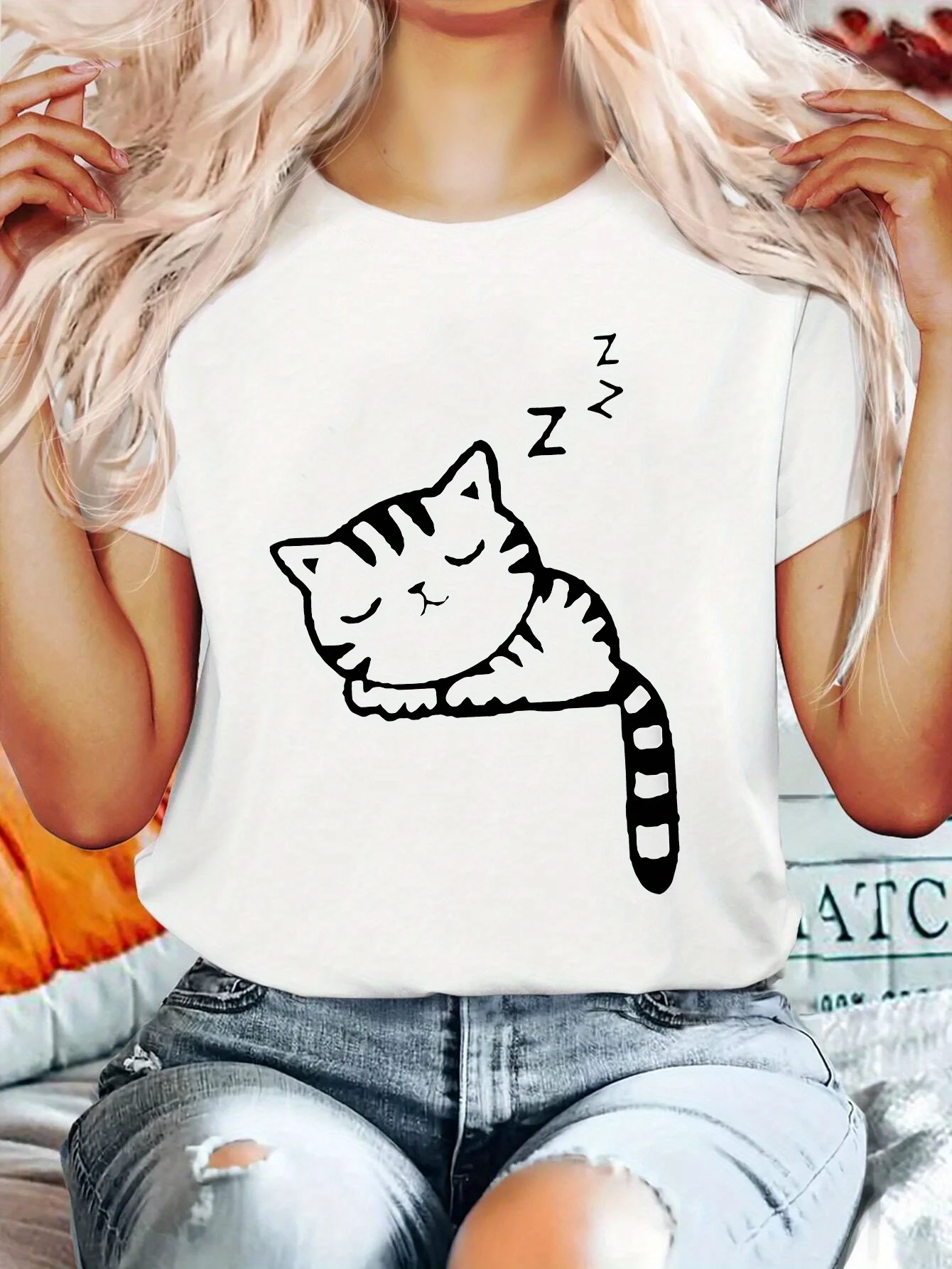 

Cat Print T-shirt, Short Sleeve Crew Neck Casual Top For Summer & Spring, Women's Clothing