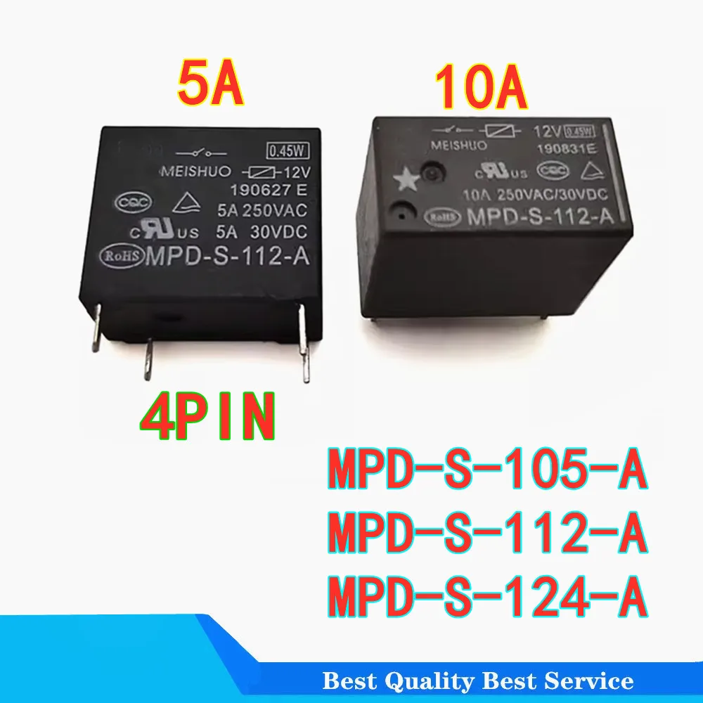 

10PCS/LOT MPD-S-105-A MPD-S-112-A MPD-S-124-A MPD S 112 A 5V 9V 12V 24V 48V 5A/10A 4PIN 100%Original New Relay